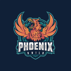 Wall Mural - phoenix flying design logo illustration on blue background