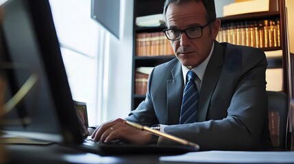 Poster - A lawyer works on his computer in his office, with a bookshelf filled with law books behind him.