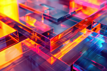 close up horizontal abstract illustration of a glowing colorful transparent geometric shapes and layers