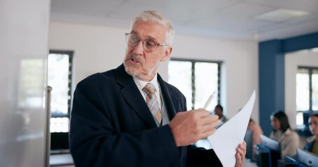 Poster - Education, university professor and students in classroom for lecture and learning in science, physics or math. Whiteboard, mature man and college teacher in presentation with discussion or knowledge