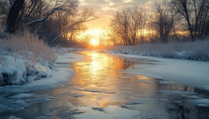 Wall Mural - Winter morning over the frozen rivers, with the first light of the day casting a warm glow on the icy water, creating a serene winter scene, Serene, Warm Tones, Wide Angle