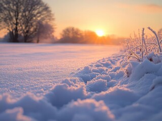 Wall Mural - Winter morning over the snowy fields, with the first light of the day casting a warm glow on the frosty ground, creating a serene winter scene, Serene, Warm Tones, Wide Angle