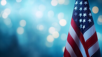 American flag waving gently against a soft blue background with sparkling bokeh effects, captured during a serene moment
