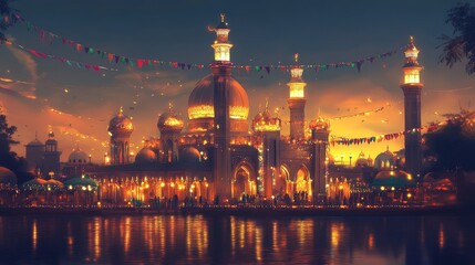 Design an image of a beautifully decorated Eid Mubarak mosque with lights and banners. The scene should capture the elegance