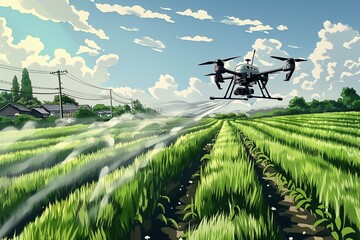 Industrial high tech drone spraying pesticides over green field of crops to eliminate harmful insects increasing farm yield, copy space, illustration