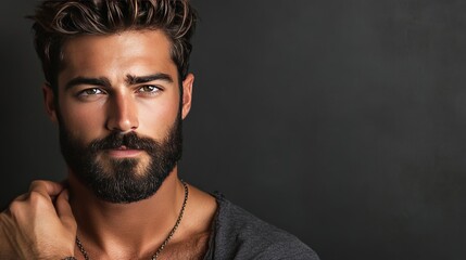 sexy young man with beard adjusting necklace and looking forward in front of dark grey background 