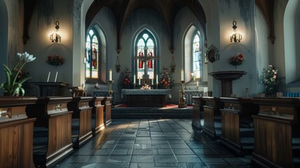 Wall Mural - A church with stained glass windows and a cross