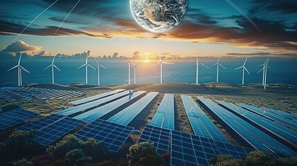 Wall Mural - Wind turbines and solar panels with Earth in the background, highlighting the integration of renewable energy sources for a sustainable future. Generative AI.