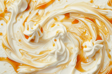 Yogurt with caramel syrup swirl texture, top view background,


