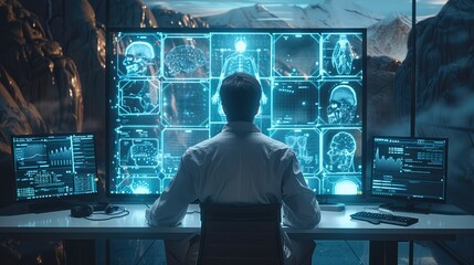 Poster - Man, Remote healthcare consultation via hologram, depicting future medicine. Generative AI.
