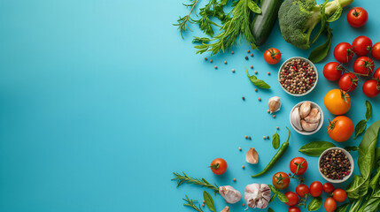 Assortment of fresh vegetables and herbs on blue background. Various tomatoes, cucumbers, and herbs arranged creatively with spices and garlic. Healthy cooking, vegetarian lifestyle, and organic food 