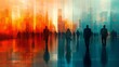 © BestBackgrounds - Abstract business landscape with silhouettes of businesspeople walking through a futuristic city in vibrant orange and blue hues