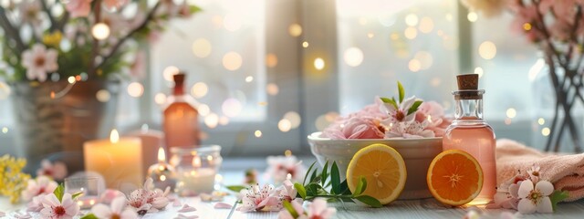 Romantic spa setup with flowers, candles, and citrus elements