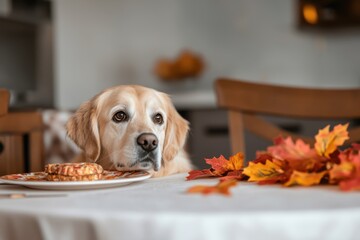 Wall Mural - Thanksgiving with Pets: A playful scene where a dog or cat is involved in the Thanksgiving festivities, perhaps sitting by the table with a small treat, or wearing a cute fall-themed bandana. The imag