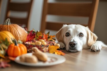 Wall Mural - Thanksgiving with Pets: A playful scene where a dog or cat is involved in the Thanksgiving festivities, perhaps sitting by the table with a small treat, or wearing a cute fall-themed bandana. The imag