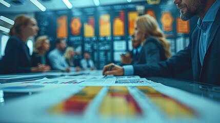 Aufkleber - Corporate team in a strategy meeting, evaluating risk management plans with whiteboards, charts, and financial documents spread out. Generative AI.