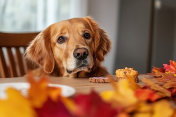 Wall Mural - Thanksgiving with Pets: A playful scene where a dog or cat is involved in the Thanksgiving festivities, perhaps sitting by the table with a small treat, or wearing a cute fall-themed bandana. The imag