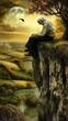 © fledermausstudio - Solitary Contemplation of an Elderly Man on Cliff's Edge under Full Moonlight