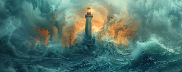 Wall Mural - Lighthouse enduring stormy sea with dramatic waves and cloudy sky. Free copy space for banner.