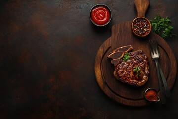 A grilled beef steak with ketchup sauce and condiments is displayed on a wooden cutting board, with a space for copy at the top of the image