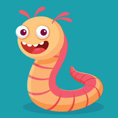 Cute worm. Green happy crawler creeps and smiles. Worm cartoon character, wildlife nature. Insect for kids illustration. Funny insect with funny face and big eyes, earth worm mascot.