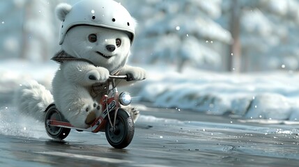 Wall Mural - Cute Polar Bear Riding a Motorcycle in Snowy Forest