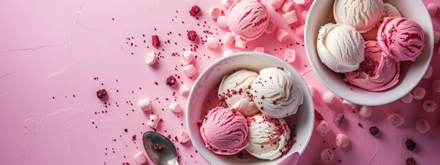 Wall Mural - Two bowls of strawberry and vanilla ice cream on a pink background with marshmallows