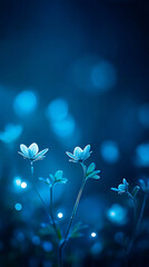 A blue flower field with a few flowers in the foreground