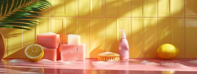 Wall Mural - Spa products with citrus and pink decor in sunny yellow bathroom setting