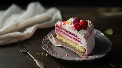 Wall Mural - A slice of cake with whipped cream and berries on a plate.