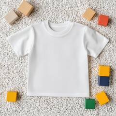 White kids' T-shirt lying on a white rug with toy blocks, Kids T-Shirt Mockup, Simple and fun environment