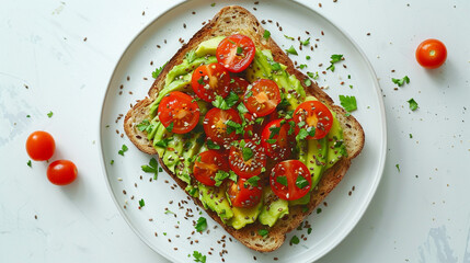 Wall Mural - A flat lay of whole-grain toast topped with smashed avocado, cherry tomatoes, and a sprinkle of flax seeds on a white ceramic plate.