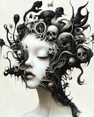 Wall Mural - Surreal Portrait of Woman with Skull and Tendril Designs in Soft Monochrome Hues