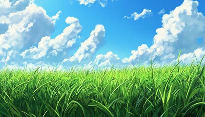 Canvas Print - Lush Green Grass Under a Blue Sky with Fluffy White Clouds