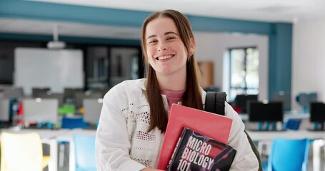 Aufkleber - Face, student and girl with books, university and education with happiness, microbiology course and smile. Portrait, college or person with knowledge, learning or studying with scholarship or academy