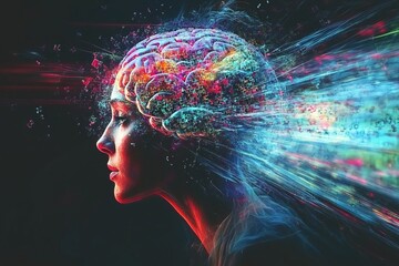 Canvas Print - Mental health Behavioral genetics Abstract digital art of a womans head with neural activity symbolizing the flow of ideas creativity and the vibrant energy of thought in a technological world