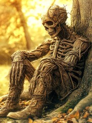 Poster - Skeletal Figure in Autumnal Forest Exhibiting Eerie and Calm Atmosphere