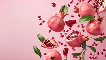 Wall Mural - Fresh pomegranates, seeds and leaves in air on pink background