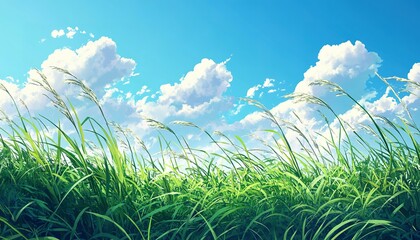 Wall Mural - Green Grass Blowing in the Wind Against a Blue Sky with White Clouds