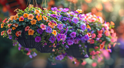 Colorful Hanging Baskets, Hanging baskets filled with a mix of colorful flowering plants, cascading down in a burst of color. Generative AI.