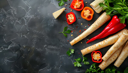 Wall Mural - Parchment with tasty baked parsnip and bell pepper on dark grey table, space for text