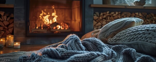 Cozy knitted blankets and pillows by the fireplace, 4K hyperrealistic photo