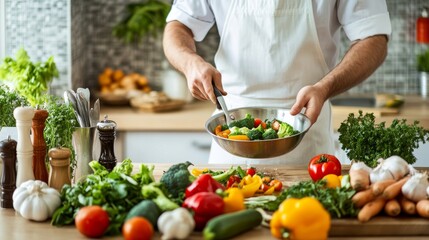 Wall Mural - Induction frying pans are used by a chef to prepare a gourmet meal in a professional kitchen.