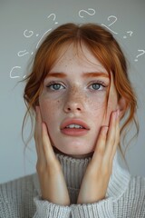 Wall Mural - Young Freckled Woman with Questions Thinking Contemplative expression, Pondering Solutions