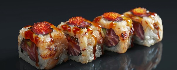 Wall Mural - Spicy tuna rolls with pickled ginger, 4K hyperrealistic photo