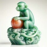 a green celadon jade Statue of a Monkey Sitting on a Peach figurine, in the style of imitated material, gemstone