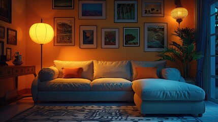 Comfortable sofa with footstool and in a corner of the room late at night, there is a floor lamp that circles, on the wall with many frames covering most of the wall area. Generative AI.