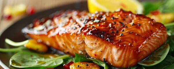 Wall Mural - Tangy teriyaki glazed salmon fillet, 4K hyperrealistic photo