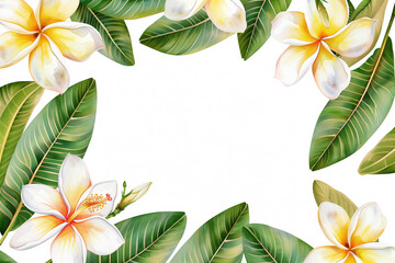 Watercolor frame and logo realistic tropical illustration of plumeria flowers with leaves isolated on white background. Beautiful botanical hand painted frangipani clip art