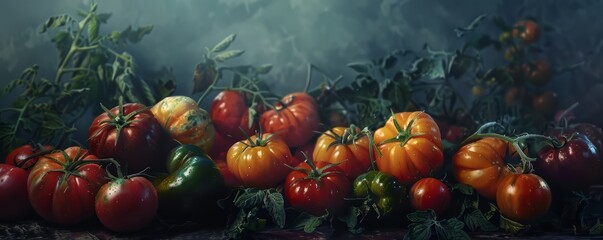 Colorful heirloom tomatoes on dark background, 4K hyperrealistic photo